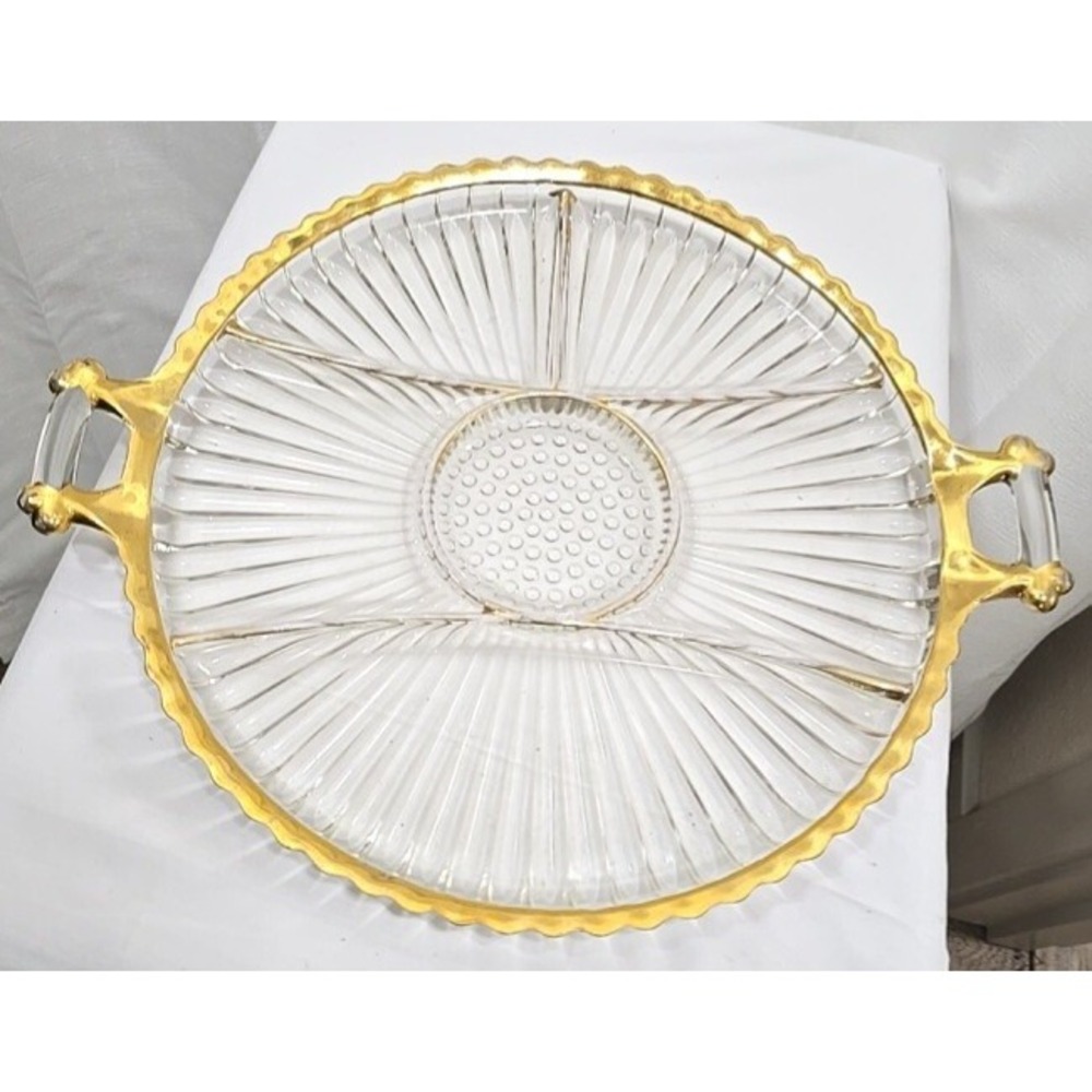 Vintage Jeanette Gold Trim Divided Glass Platter 6 Sections Handles‎ Hobnail
